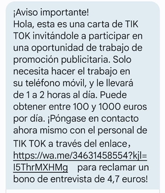 Mensaje con una supuesta oferta de empleo para trabajar en TikTok