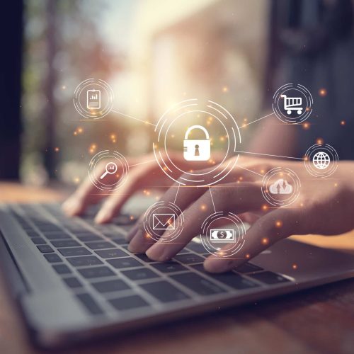 Business, technology, internet and networking concept.  businesswoman working on his laptop at home, select the icon security on the virtual screen.