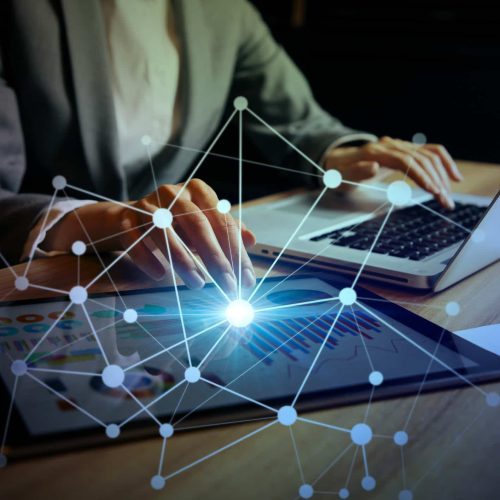 businesswoman using digital devices. IoT(Internet of Things). ICT(Information Communication Technology). mixed media.